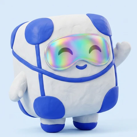 Holo, the Holotown mascot: a white and cobalt clay card box wearing a rainbow visor, waving.