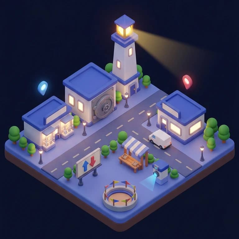 The same toy town at night, windows lit and the auction tower beaming.